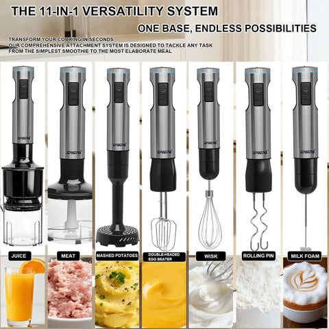 Heavy Duty Twelve In One Immersion Blender Bundle Featuring Kickass 1000 Watt Motor, showing various attachments and uses.