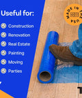 Blue Self Adhesive Floor Protection Film For Moving And Construction Projects on hardwood, person applying with shoe.