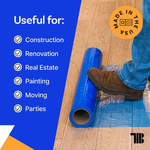 Blue Self Adhesive Floor Protection Film For Moving And Construction Projects on hardwood, person applying with shoe.