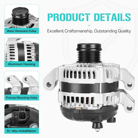 160A High Output Alternator For 3.6L V6 Vehicles 2011-2017 Direct Fit Replacement showing aluminum housing and pulley
