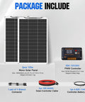 Components of 260W 12V Flexible Solar Panel Kit With Dual 130W Mono Panels, 30A Charge Controller, and cables, displayed on packages