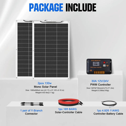 Components of 260W 12V Flexible Solar Panel Kit With Dual 130W Mono Panels, 30A Charge Controller, and cables, displayed on packages