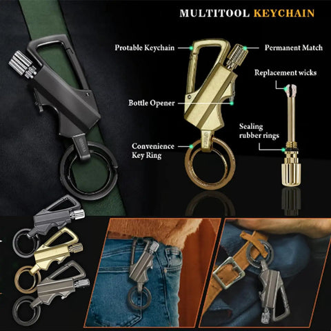 3 In 1 All Metal Multitool Keychain Lighter And Bottle Opener for Outdoor Adventures, shown in black and gold with attachments
