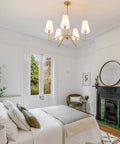 Modern Antique Brass Pendant Chandelier With Creamy White Fabric Shade Dimmable Five Light Fixture For Dining Room
