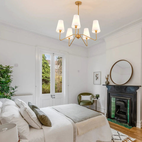 Modern Antique Brass Pendant Chandelier With Creamy White Fabric Shade Dimmable Five Light Fixture For Dining Room