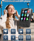 Clip-On 64GB MP3 Player With Bluetooth 5.2 On-The-Go Music Player with UI displayed, woman enjoying music with headphones