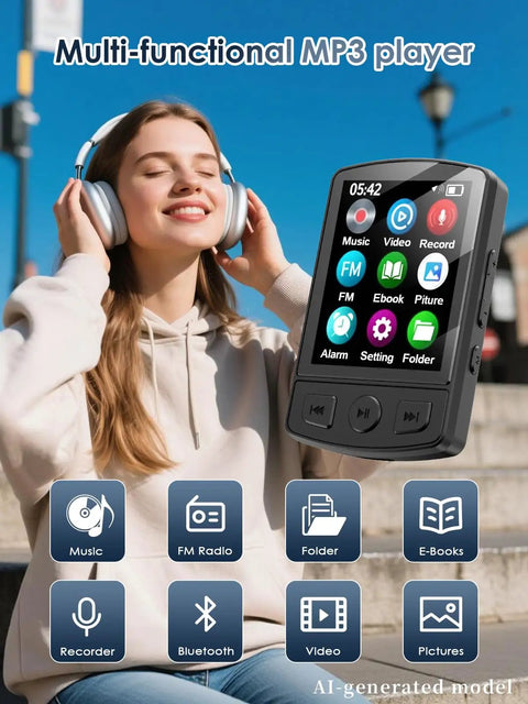 Clip-On 64GB MP3 Player With Bluetooth 5.2 On-The-Go Music Player with UI displayed, woman enjoying music with headphones