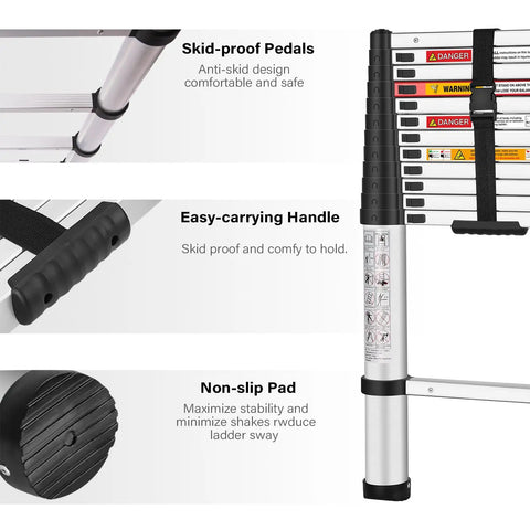 Telescoping Ladder 12.5 Ft With One Button Retraction, close-up of ladder features including skid-proof pedals and handle