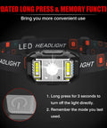 Rechargeable Headlamp With Ultra Bright LEDs, Motion Sensor, 14 Modes, Waterproof Headlight showing updated long press function.