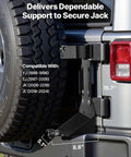 Rock Solid High Lift Jack Mount Bracket For Jeep Wrangler YJ TJ JK JL showing dimensions and secure attachment point, 3mm steel design.