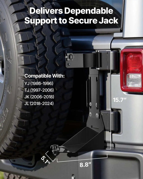 Rock Solid High Lift Jack Mount Bracket For Jeep Wrangler YJ TJ JK JL showing dimensions and secure attachment point, 3mm steel design.