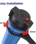 10 Inch Blue Whole House Water Filter Housing With Three Quarter Inch Brass Port Air Relief Valve Slim Two Point Five By Ten Inch Fits Standard Cartridges Housing Only Includes Wrench And Bracket illustrated in installation process