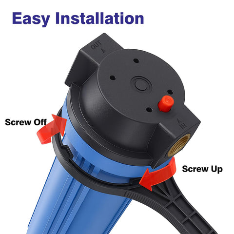 10 Inch Blue Whole House Water Filter Housing With Three Quarter Inch Brass Port Air Relief Valve Slim Two Point Five By Ten Inch Fits Standard Cartridges Housing Only Includes Wrench And Bracket illustrated in installation process