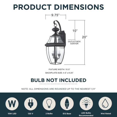 Dimensions for Newbury 20 Inch Outdoor Wall Lantern Two-Light Mystic Black With Clear Beveled Glass E12 Base, showing size and fixture details.