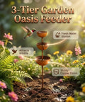 3 Tier Rain Catcher Garden Stake With Water Bowls For Birds Bird Bath And Butterfly Feeder Outdoor Yard Art Decor For Rain Harvest And Wildlife A Sturdy Metal Garden Ornament Turning Rain Into Living Art For Your Yard Cool Vibe shown with flowers and hummingbird