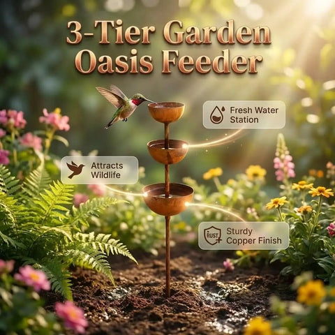 3 Tier Rain Catcher Garden Stake With Water Bowls For Birds Bird Bath And Butterfly Feeder Outdoor Yard Art Decor For Rain Harvest And Wildlife A Sturdy Metal Garden Ornament Turning Rain Into Living Art For Your Yard Cool Vibe shown with flowers and hummingbird