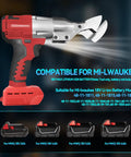 Heavy Hitter Brushless Cordless Metal Shear Fits Milwaukee 18V Battery shown with compatible battery model details.