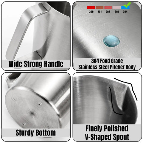 Barista Grade Stainless Steel Pitcher With Lid 79oz 2.3L Large Mouth Graduated Beaker, showing wide handle, 304 steel, sturdy bottom, V-spout