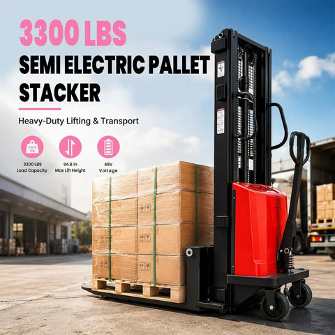 Heavy Duty 3300 Lbs Semi Electric Pallet Stacker With Iron Frame For Warehouse Forklift Jobs And Tall Stack Heights Up To 78 Inch Handle Height, showcasing boxes on pallet.
