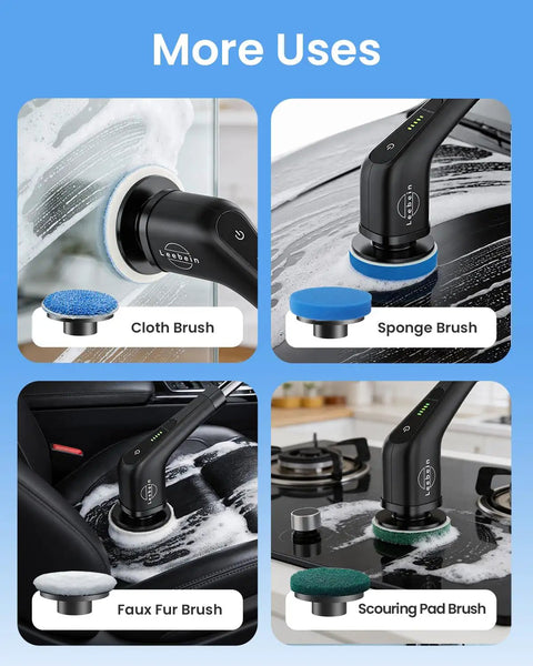 Electric Spin Scrubber Cordless Cleaning Brush Set With 8 Replaceable Heads Dual Speed Power Scrubber For Tub And Floor Tile Adjustable Detachable Handle No Fuss Cleaning For Grout, Shower, And Bathroom All Black with cloth, sponge, faux fur, and scouring pad brush heads