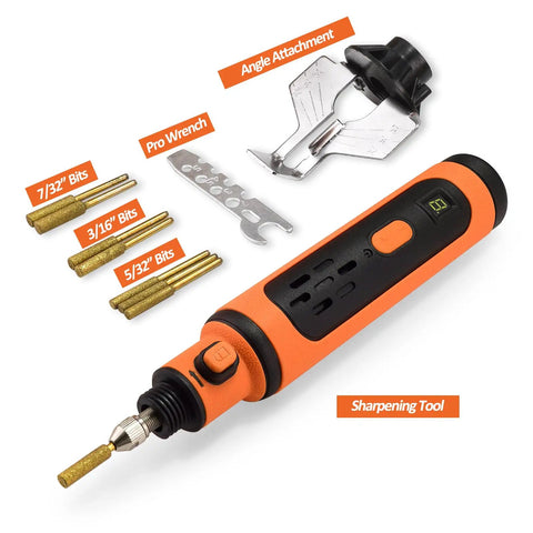 Must Have Pro Grade Electric Chainsaw Sharpener Kit With Titanium Diamond Stones And Wrench, Type C Cable, angle adapter, wrench