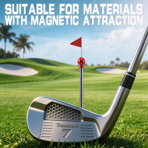 Golf club on course with Magnetic Alignment Rods For Irons And Wedges, Telescopic Golf Training Aid to visualize and align club face.