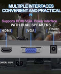 Image of a monitor's HDMI, VGA, and power ports with dual speaker support, labeled for a 19 Inch HD Monitor With 1440 By 900 Resolution 60Hz Refresh HDMI And VGA Slim LED Display Dope For Home Office And Laptop Or Desktop Eye Comfort With Low Blue Light And Flicker Free Tech VESA 75 By 75 Mm.