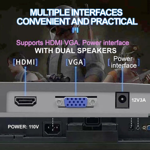 Back of 19.5 Inch HD Monitor With 1440x900 Resolution 75Hz Refresh Rate Built In Audio Flicker Free Eye Comfort Blue Light Filter Visual Protection Tech For Home And Office Setup HDMI And VGA Ports showing HDMI, VGA, and power interfaces