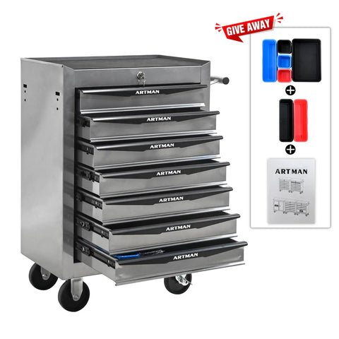 21 Inch Lockable Steel Tool Chest Rolling Garage Cabinet With Smooth As Silk Ball Bearing Slides, Brake Caster Wheels That Park It Straight, featuring multiple drawers for organized storage.