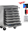 21 Inch Lockable Rolling Tool Chest With Tough As Nails Steel Build And Smooth Ball Bearing Slides Parking Brake Casters For Easy Shop Hopping Sturdy Utility Cabinet For Any Garage Project In Classic Silver showing multiple drawers and casters.