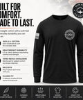Premium Custom Men Long Sleeve Work Shirt Built Different Heavy Duty Hi Vis Safety Apparel Company Uniform Logo Print Durable Sun Shield Grind Ready Fit in black with American flag design.