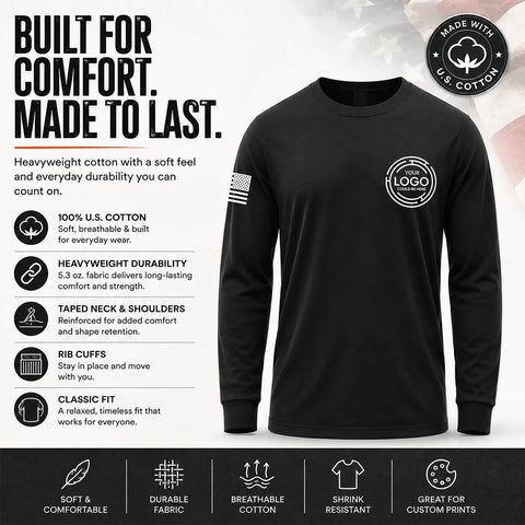 Premium Custom Men Long Sleeve Work Shirt Built Different Heavy Duty Hi Vis Safety Apparel Company Uniform Logo Print Durable Sun Shield Grind Ready Fit in black with American flag design.