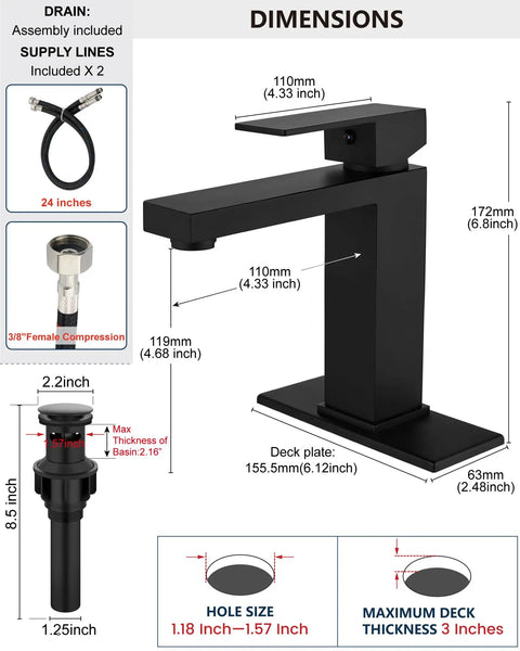 Diagram of No Brainer Install Matte Black Bathroom Faucet With Deck Plate Kit, showing dimensions, included hoses, and components.