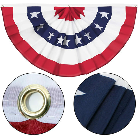 Patriotic Pleated Fan Banner With Canvas Header And Brass Grommets For Indoor Outdoor Decor, American Half Flag Bunting for 4th of July