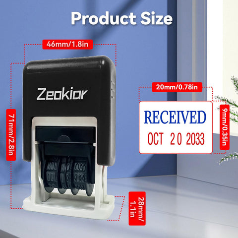 Slick Adjustable Received Date Stamp For Offices And Businesses Straight Up Reliable Two Color Ink dimensions showing date and size.