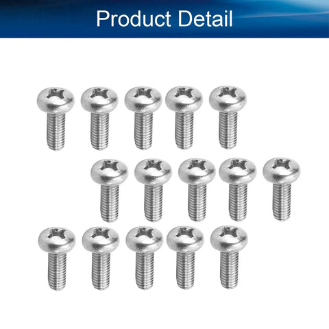 15 Piece M6 Pan Head Machine Screws Tough As Nails 304 Stainless Steel Phillips Cross Drive Fasteners Full Thread bolts arranged.