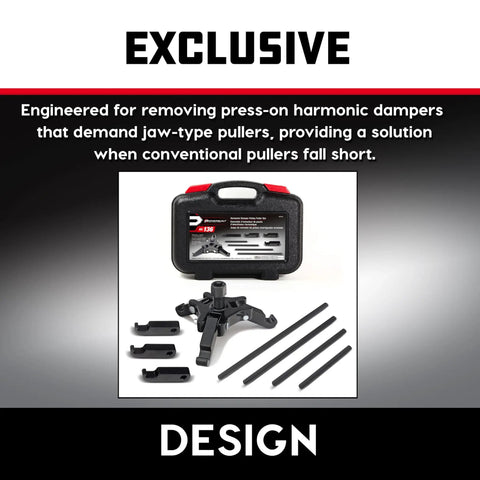 Harmonic Balancer Puller Set With Adjustable 3 Jaw Design For Crank Balancers, Press On Puller That Fits Most Late Model Cars And Trucks In Engine Compartments Without Radiator Removal, Heavy Duty Case Included displayed with components and black case.