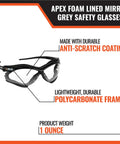 Tough As Nails Foamlined Safety Glasses With Anti Scratch Polycarbonate Lenses Wraparound Vision Ansi Z87 Certified foam lined safety glasses