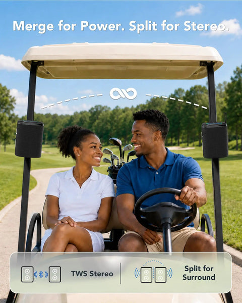 Badass Two In One Split Magnetic Bluetooth Speaker Packing Crushing Stereo Bass And Wireless Portability For Golf Carts Trucks And RVs next to a couple in a golf cart.