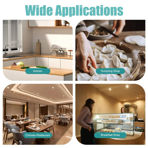 Wide applications of Automatic Commercial Dumpling Skin Maker Machine in kitchen, dumpling shop, Chinese restaurant, and breakfast shop.
