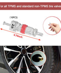 Premium Tire Valve Core Kit 10 Pack Replacement For Cars, Motorcycles, Bicycles And Trucks, showing valve core and installation