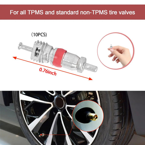 Premium Tire Valve Core Kit 10 Pack Replacement For Cars, Motorcycles, Bicycles And Trucks, showing valve core and installation