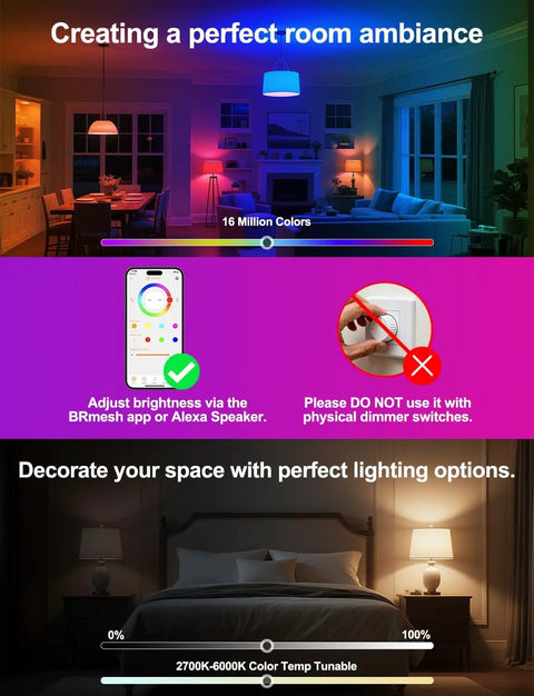 Alexa Ready Smart Bulb 10W 900 Lumens 2700K Warm White 2 Pack - color control and room settings displayed