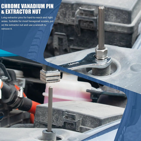 Chrome vanadium pin extractor used on a car engine with wrench, part of 25 Piece Broken Bolt Extractor Set With Drill Bit Guides.