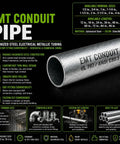 Heavy Duty Galvanized Steel Emt Conduit Pipe 3 Inch Diameter X 4 Ft Length Pre Cut Electrical Metallic Tubing for wiring protection.
