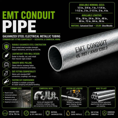 Heavy Duty Galvanized Steel Emt Conduit Pipe 3 Inch Diameter X 4 Ft Length Pre Cut Electrical Metallic Tubing for wiring protection.