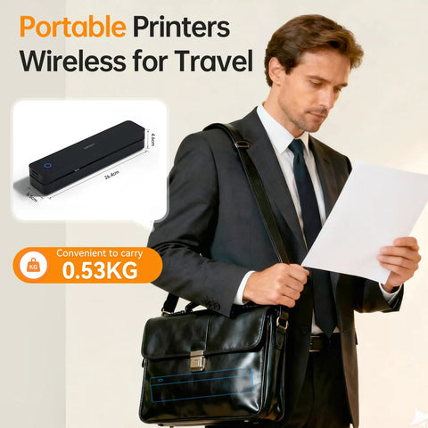 Slick Compact Thermal Printer With No Sweat Bluetooth Wireless Hookup For Travel And Road Trips Instant Mobile Photo Printing On The Go compatible with a businessman holding a document.