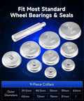 Rear Axle Bearing Service Kit with 9 driver discs shown with sizes ranging 39.5mm to 81mm for bearings and seals.