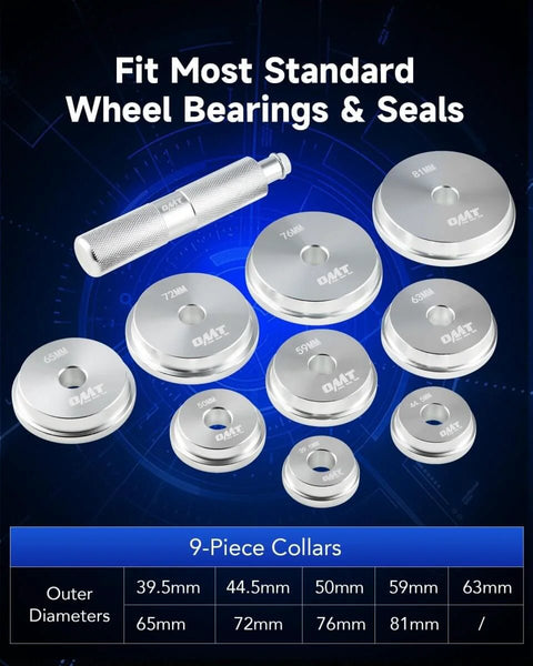 Rear Axle Bearing Service Kit with 9 driver discs shown with sizes ranging 39.5mm to 81mm for bearings and seals.