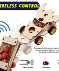 DIY RC Car Kit Build Your Own Solar Powered Remote Control Car STEM Toys For Kids Ages 8 To 12 Indoor And Outdoor Science Experiments And Learning Gifts, wooden parts, remote control, and wheels shown.